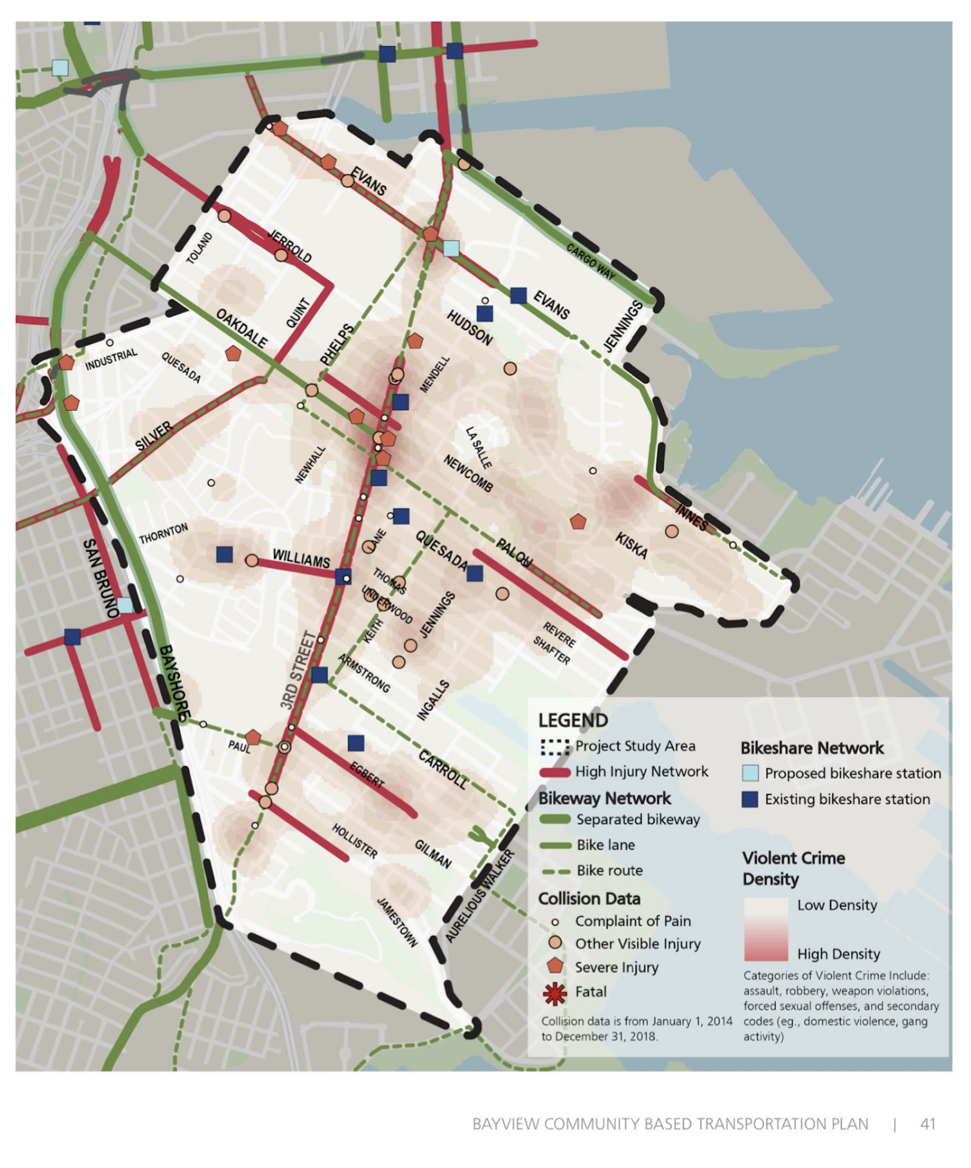 Proposed Bayview/Hunters Point Bicycle Access Planning Map, showing it’s connection to Illinois St. at the north